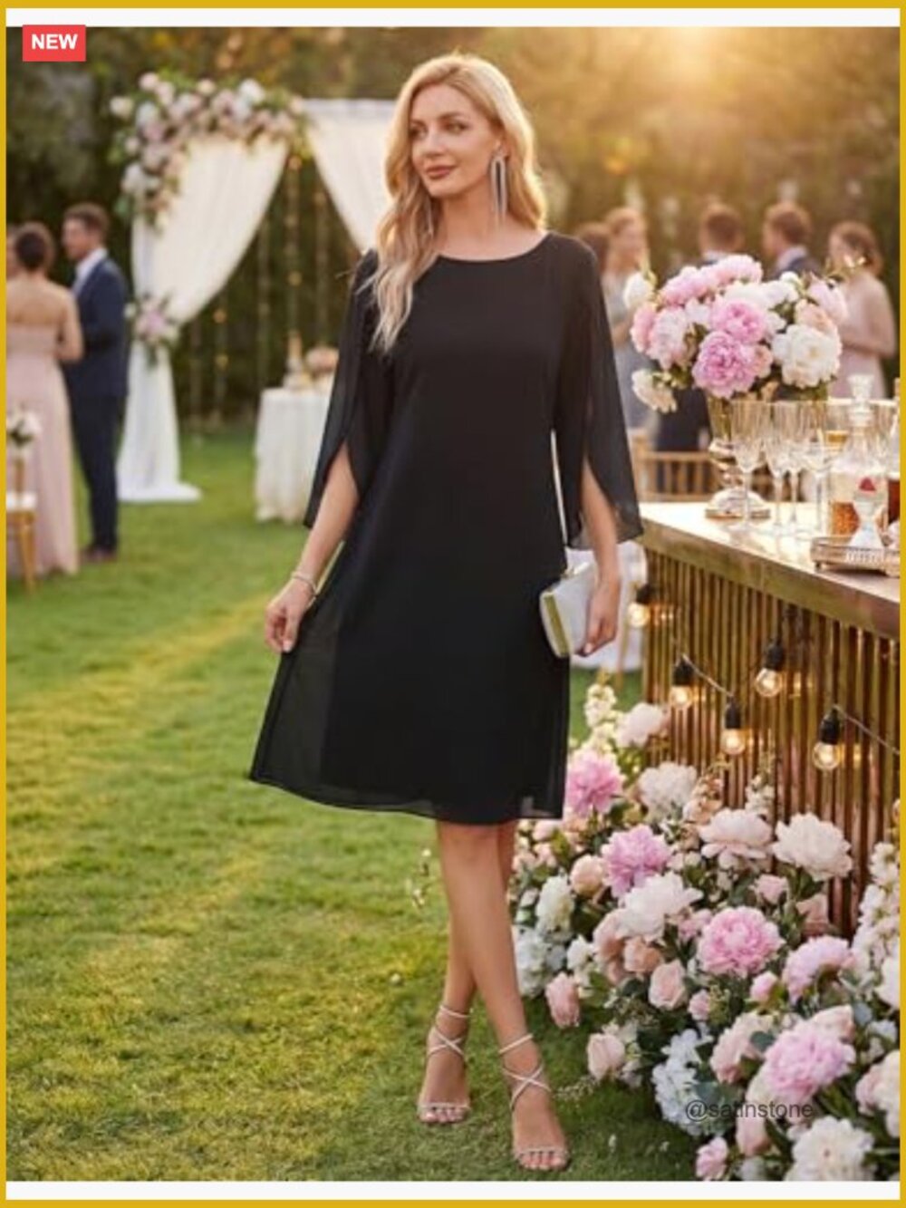 Chiffon Midi Formal Wedding Guest Dress with 3/4 Sleeves - Picture 5 of 7